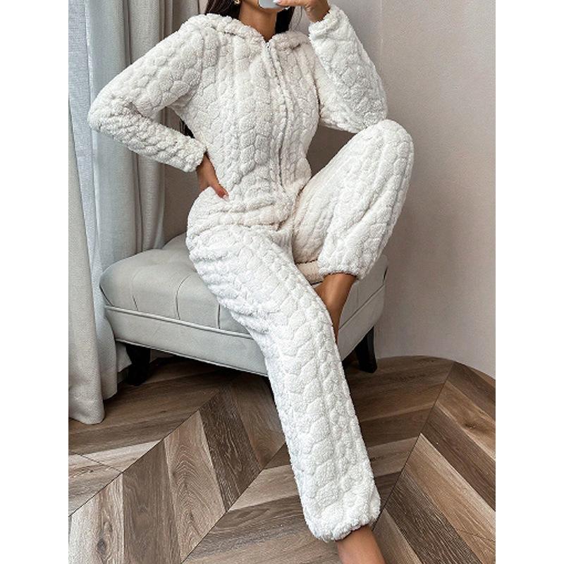 Damen Kapuzen Reißverschluss Flauschiger Plüsch Einteiler Schlafanzug Einfarbige Gesteppte Warme Loungewear