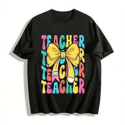 Polka Dot Teacher Pencil Bow Fun Teacher Themed Print Top Pure Cotton T-shirt