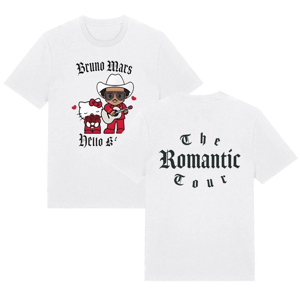 Bruno Mars X Hello Kitty The Romantic Tour 2026 Tee Two Sided Print Women T-Shirt Y2K Aesthetic Print Top Men Streetwear High Quality Cotton T-shirts XS белый