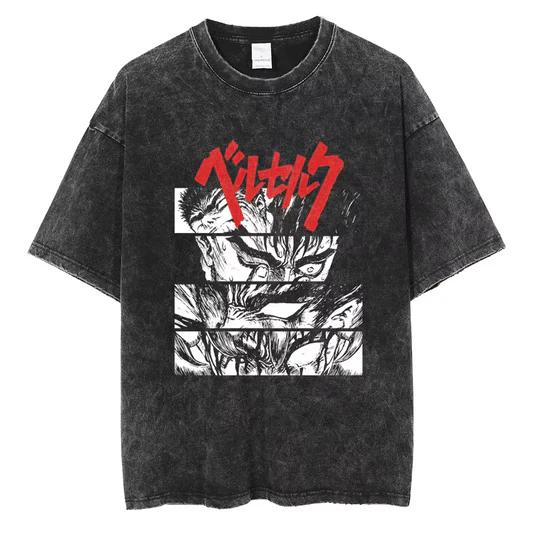 Japanese Anime Berserk Retro Washed T-shirt Men and Women Summer Harajuku Y2K Clothing Fashion Round Neck Short Sleeved Tee