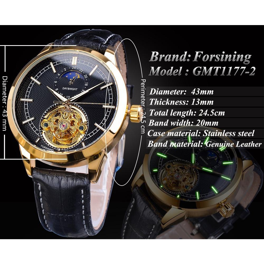 Forsining Men's Fashion Casual Hollow Moon Phase Carved Hollow Automatic Mechanical Watch GMT1177-2-A