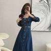 Women's Double Collar Denim A-line Dress - High Waist, Slimming, 2023 Autumn Collection