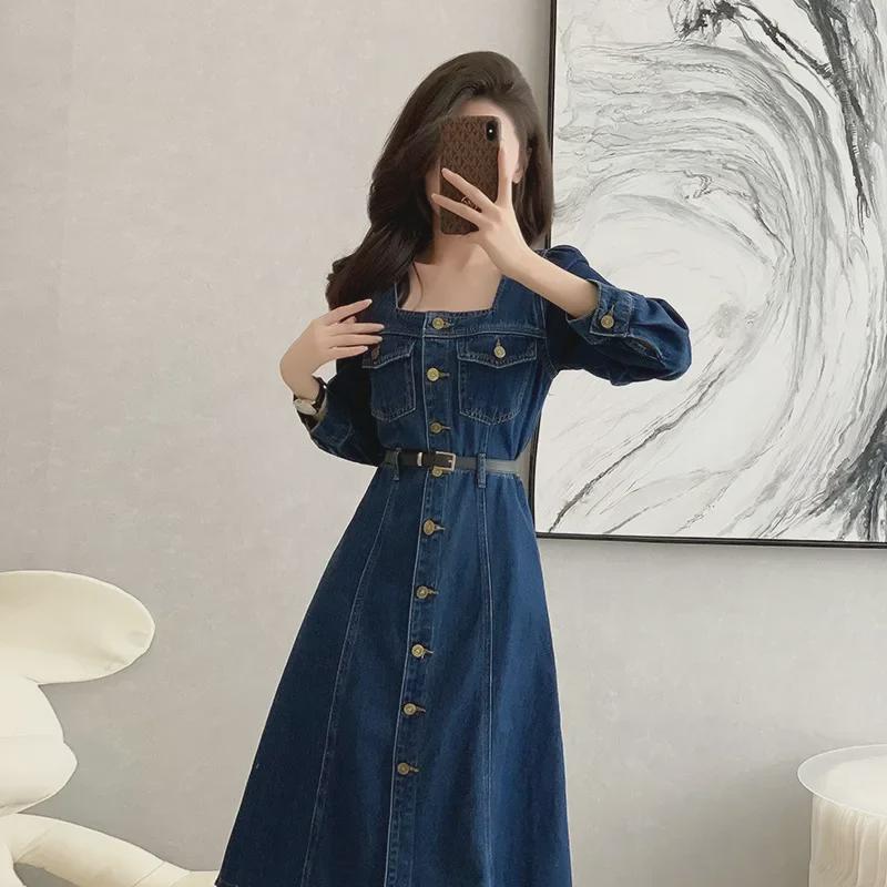 Women's Double Collar Denim A-line Dress - High Waist, Slimming, 2023 Autumn Collection