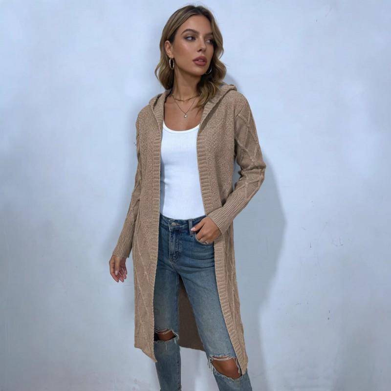 Womens Oversized Crochet Cable Knit Hooded Cardigan Long Sleeve Loose Fit Sweater In Solid Colors