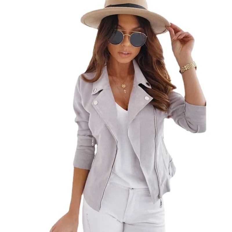 

Women Fashion Lace-up Leather Jacket Slim Fit Spring Autumn Motorcycle Jacket Zipper Jacket XXL сірий