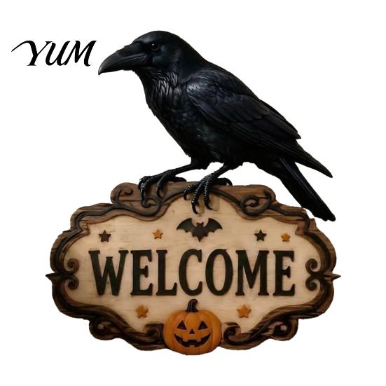 Entrance Door Ornament Halloween Wooden Welcome Sign, Spooky Skull Frog Crow Witch Hanger, Festive Holiday 2D Wall Hanging Sign for Home Party