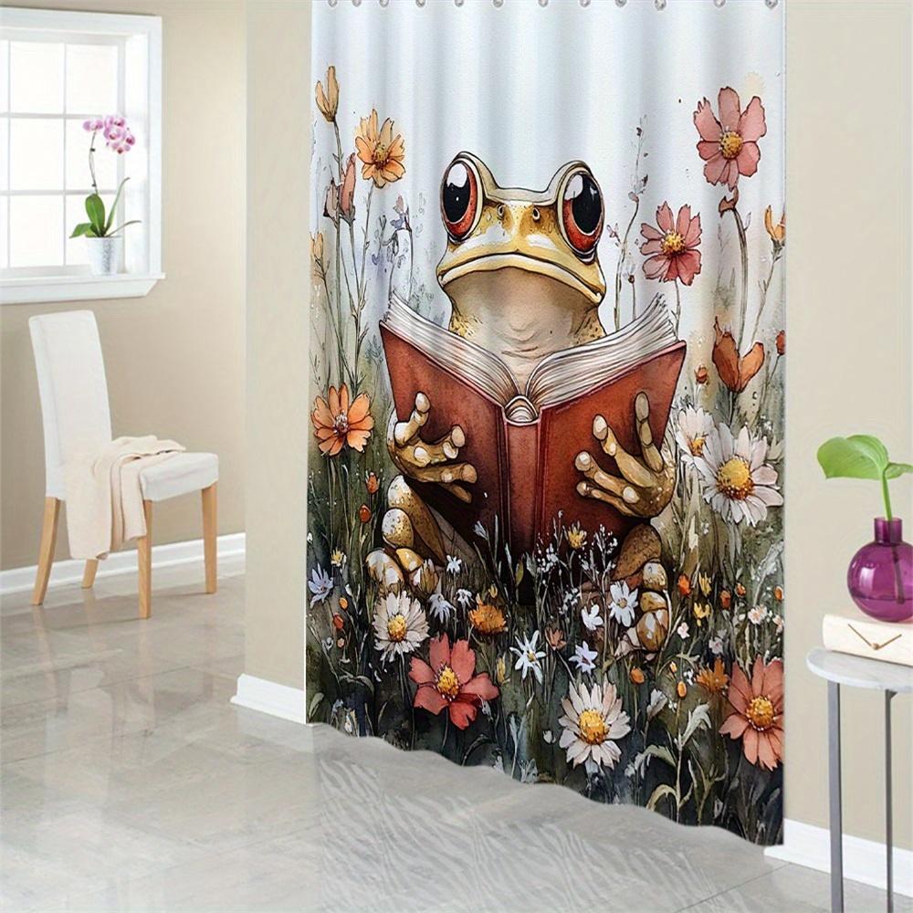 

1pc Whimsical Frog with Book in Meadow Watercolor Shower Curtain, Featuring an Anthropomorphic Frog Holding a Book in a Colorf 120x180cm