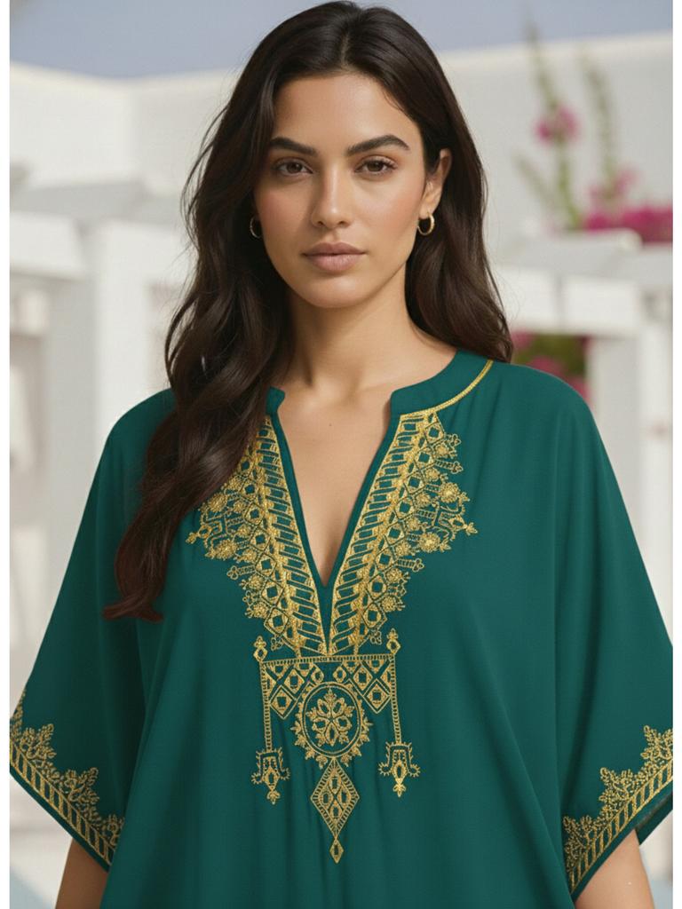 Womens Boho Embroidered V Neck Kaftan Dress Loose Fit Elegant Loungewear Beach Cover Up for Summer Resort Wear Q1545-23001