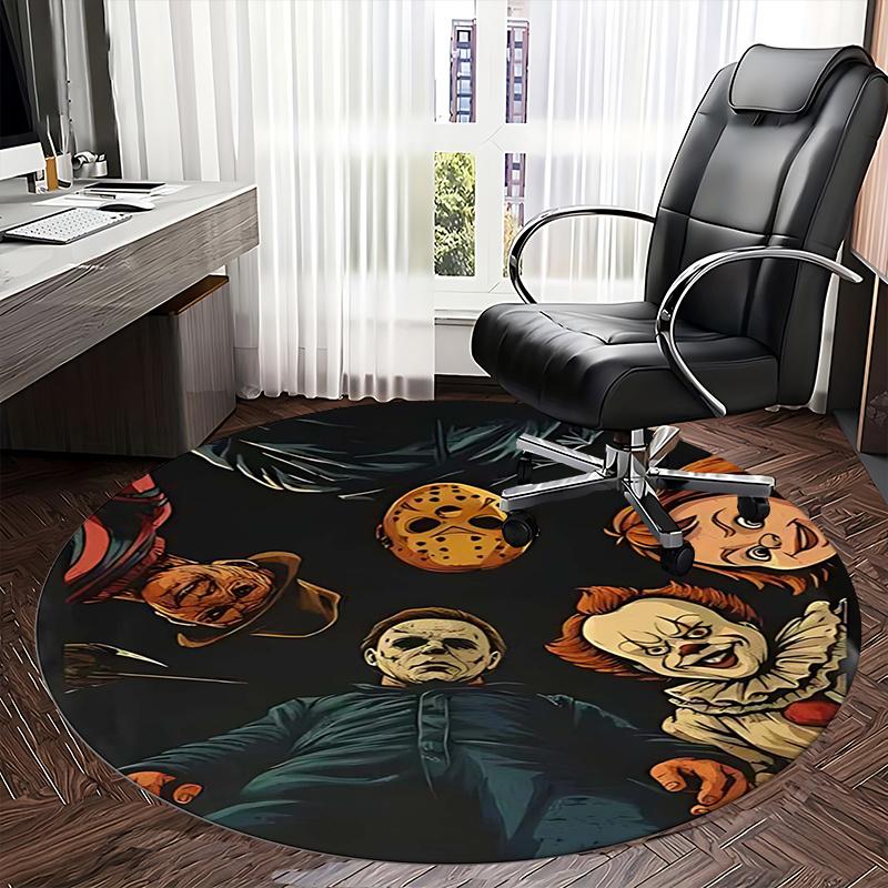 Halloween Horror Icons,Movie Monsters Chair Mat Round Rug Office Carpet, Machine Washable, Non Slip, Suitable for Living Rooms, Bedrooms