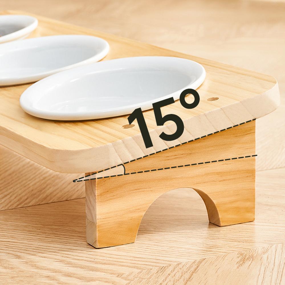 Detachable Ceramic Cats Bowl with Wood Stand Tilted Cat Dish Sturdy Dog Food Container  Indoor