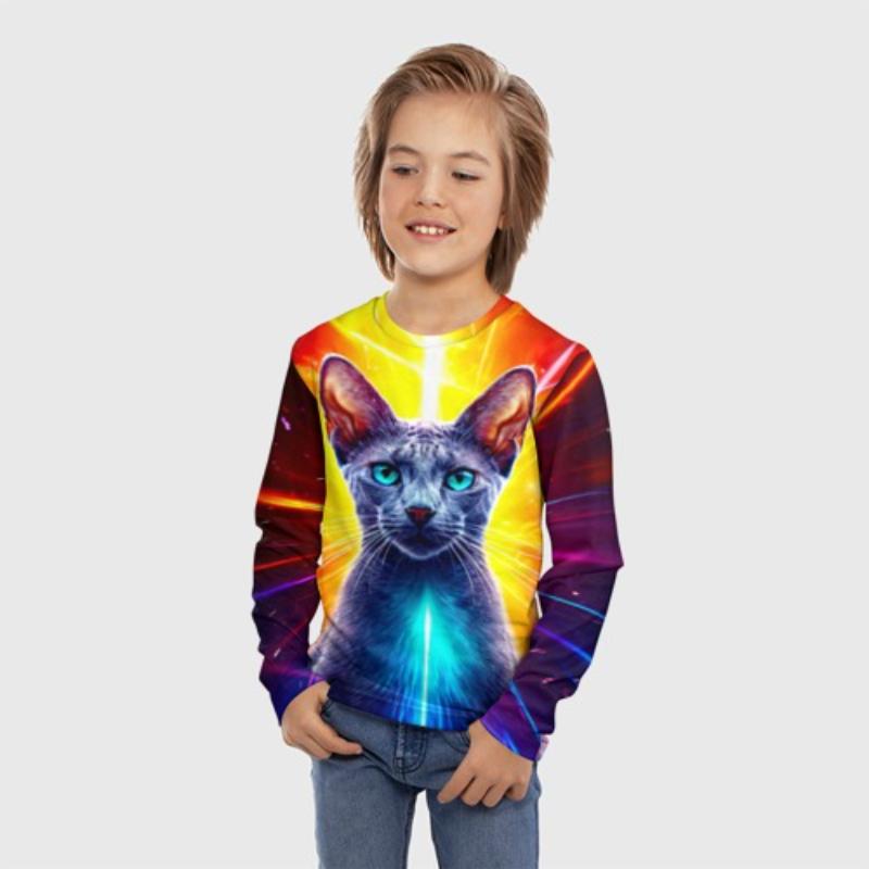 Children's Cartoon Cute Kitten Print T-shirt Boys Cute Long Sleeved Soft Comfortable Top