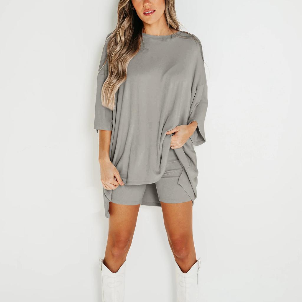 Women's Summer 2-Piece Round Neck Short Sleeves Drop Shoulder Big Kids Top And Bar Skinny Yoga Biker Shorts Set