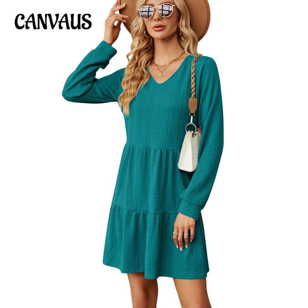 Spring and Autumn Women's Dress Solid Color V-Neck Splicing Long Sleeve Loose Dress A-line Dresses