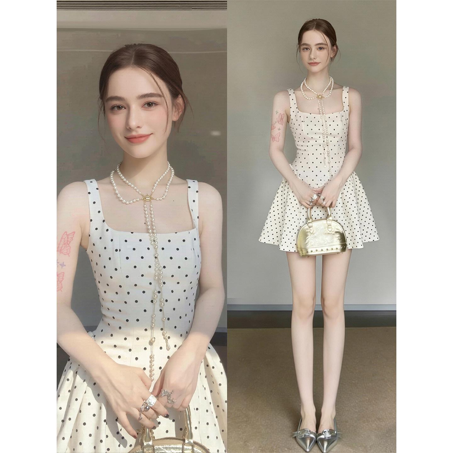 2026 New Style French Polka Dot Spaghetti Strap Dress for Women - Early Summer White Short Skirt M