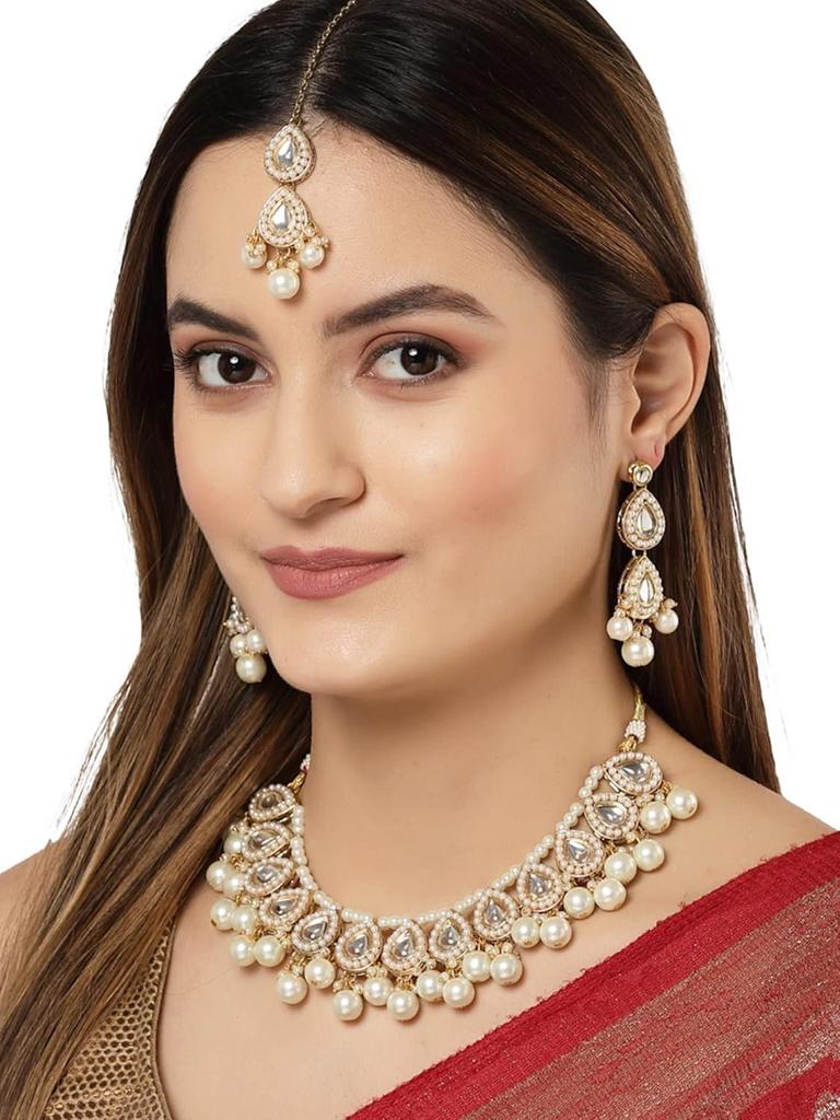 Vergoldetes Perlen- & Tropfen-Kundan-besetztes Choker-Halsketten-Set für Damen (Metall, Kundan)