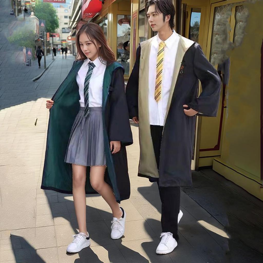AMIBUDCCI Harry Potter Cosplay 5-teiliges Set, Enthält Umhang, Brille, Krawatte, Schal und Zauberstab (Hufflepuff 5-teiliges Set, Groß)