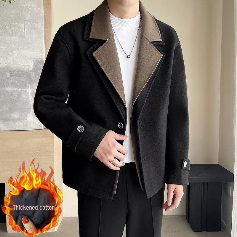 Men's High-End Street Style Wool Coat - Thickened Double-Layer Collar, Color Block Casual Patchwork for Autumn/Winter