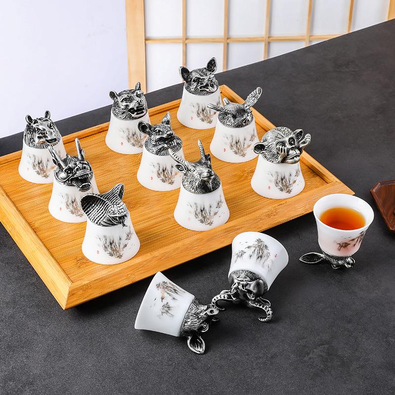 Direct Sales Twelve Zodiac Wine Glasses Baijiu Cup Spirits Cup One Cup Light Luxury Ceramic Wine Dispenser Gift Box Set