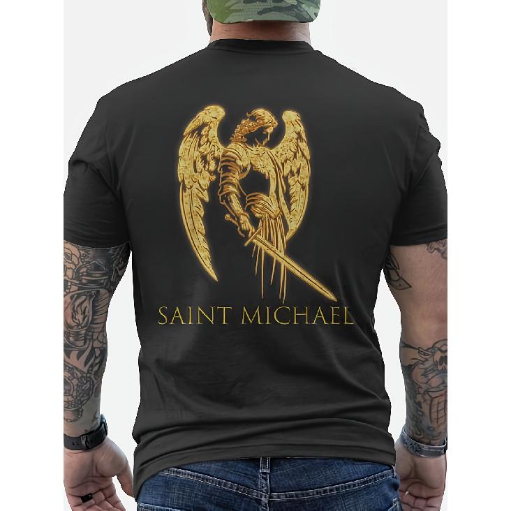 Men s Archangel Michael Graphic T-Shirt with Back Print - Black & Religious Design, Regular Fit Short Sleeve Casual Apparel, All-Season Comfort Tee S чёрный