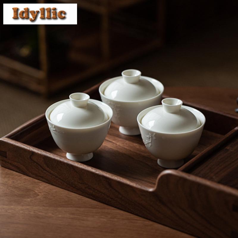 130ml Ivory White Pine Bamboo And Plum Gaiwan Aesthetic Tea Tureen Household Tea Bowl With Lid Kit Tea Maker Cover Bowl Teaware