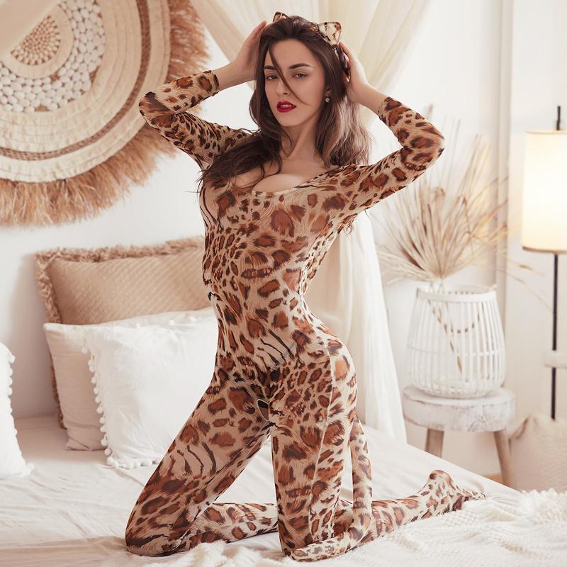 Hot Sexy Leopard Backless Jumpsuit Outfit Fantasy Cosplay Costumes Open Crotch Tights Bodystocking Bodysuit Erotic Lingerie Set