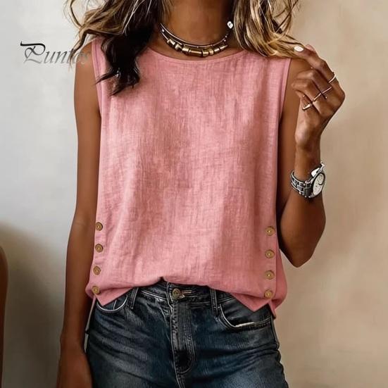 Loose Fit Tops Summer for Women, Round Neck Sleeveless Pullover Tops, Pure Color Stretchy Women Regular Vest Work Party Vacation Office Date