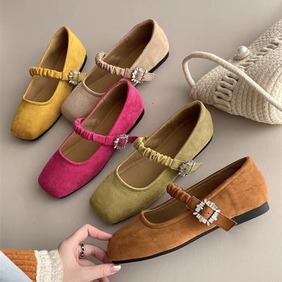 Sapatos femininos de mola novos, estilo retrô, bico quadrado, boca rasa, camurça francesa, macios, estilo fada, sapatos Mary Jane baixos