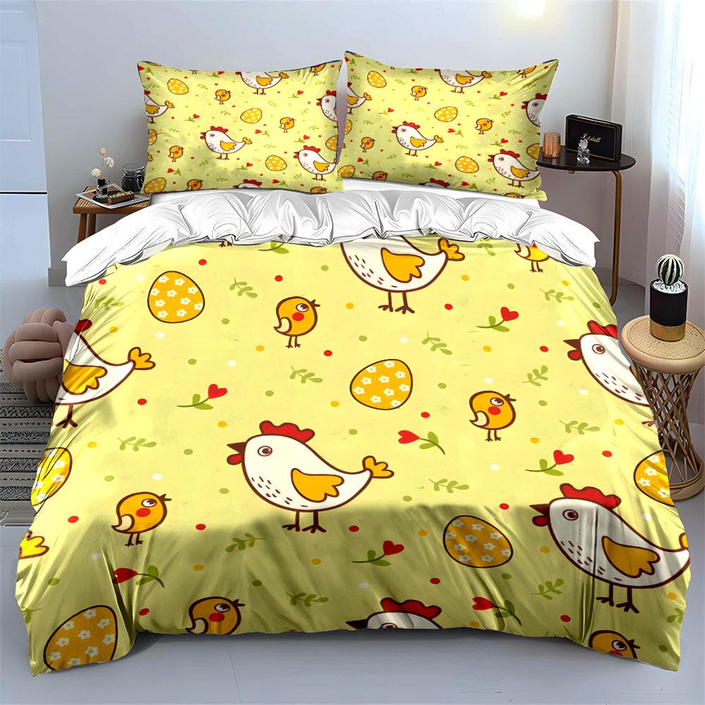 Chicks, Hens, And Egg Pattern Background Printed Duvet Cover Set1 Duvet Cover+2 Pillowcasemulti Size Bedroom Bedding Decor