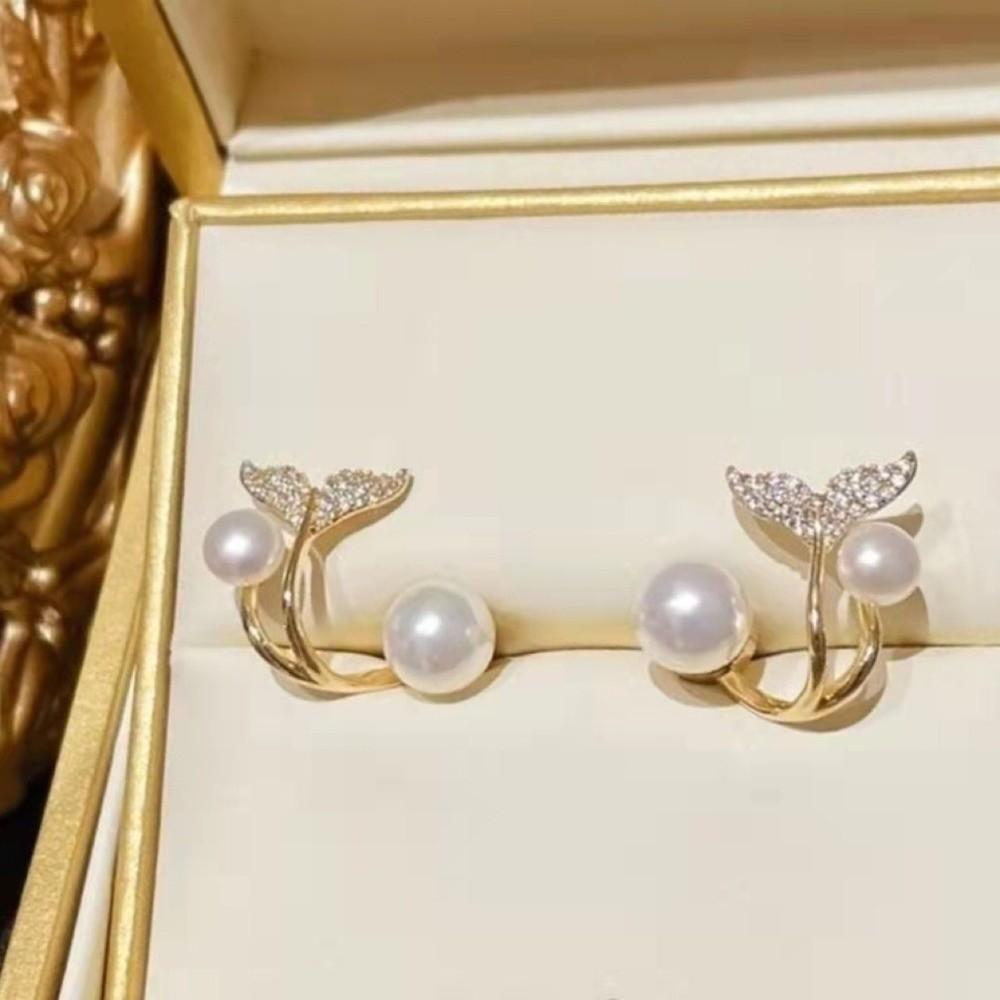 Exquisite Design Fish Tail Earrings Zircon Fish Tail Stud Earrings Pearl Crystal Earrings Commute