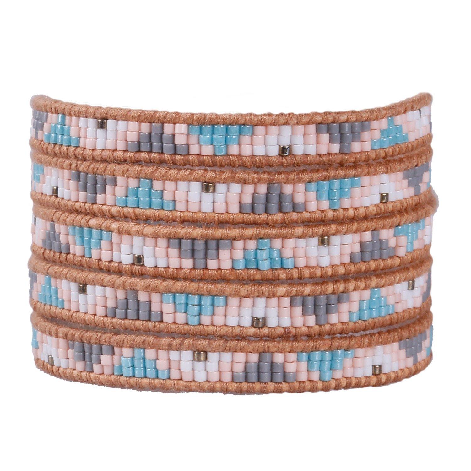 KELITCH Braided Seed Bead Bracelet Women s 5-Wrap Bracelet Handmade New Top Jewelry (Pink)