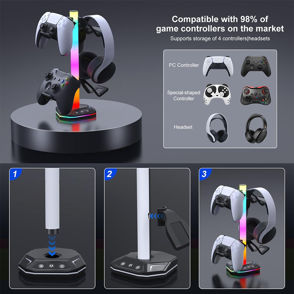RGB Headset Stand 9 Light Modes Controller Holder  w/ USB Type C Charging USB Data Ports for PS5/PS4/Xbox/Switch Pro