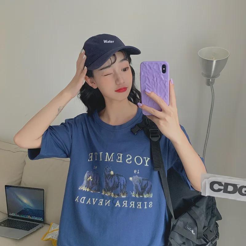 

2024 Летняя женская футболка в корейском стиле свободного покроя с короткими рукавами для студентов колледжей L темно-синий
