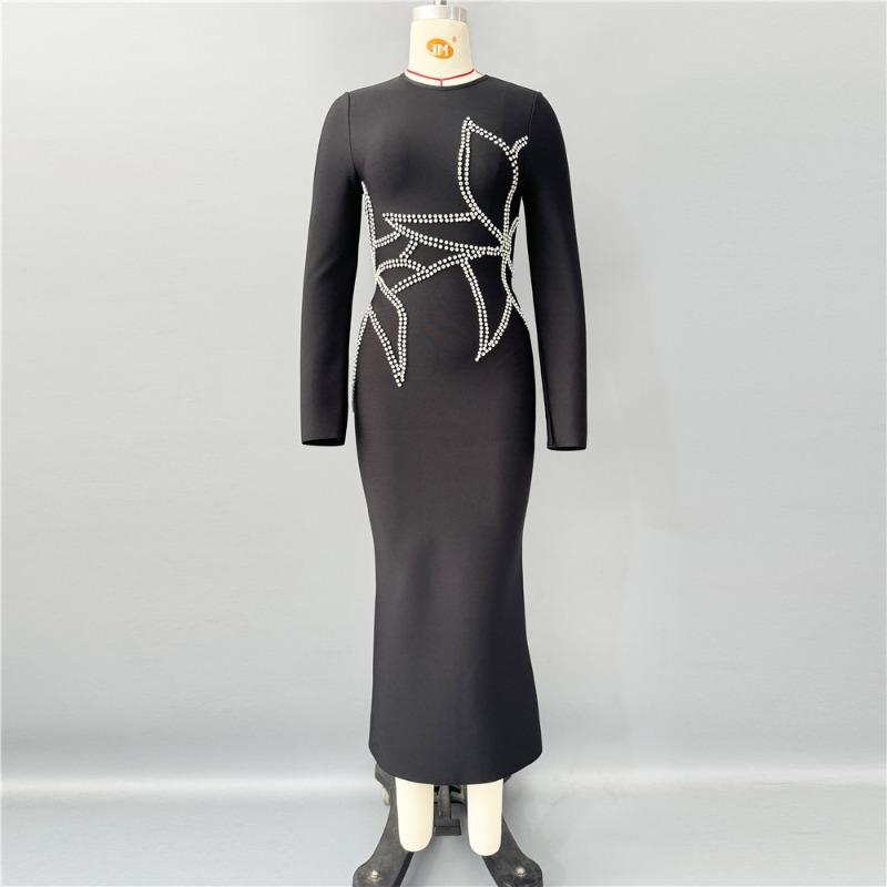 New Slim-fit Bandage Skirt Knitted High-elastic Long-sleeved Dress Waist-side Drill Long Dress Evening Dress Dress