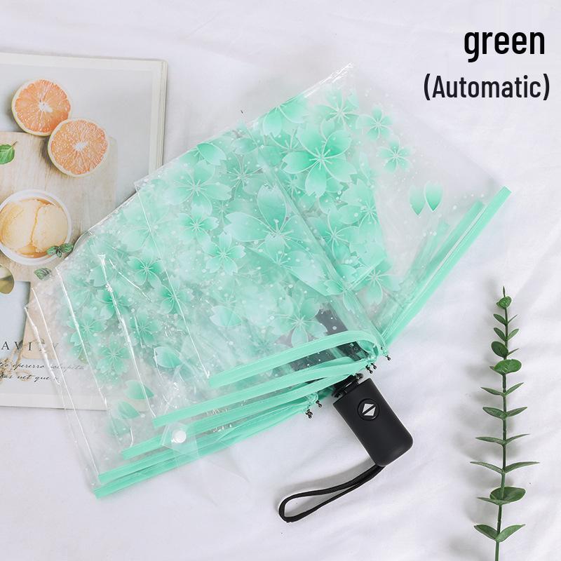 Cherry Blossom Transparent Automatic Umbrella - Soft Girl Three-Fold Design