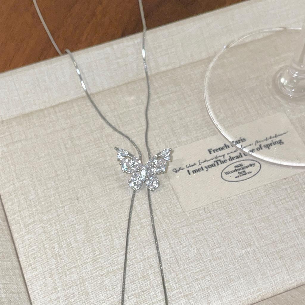 Super Flash Zircon Butterfly Pull-up Necklace Simple and Versatile Temperament Collarbone Chain Light Luxury Necklace Women