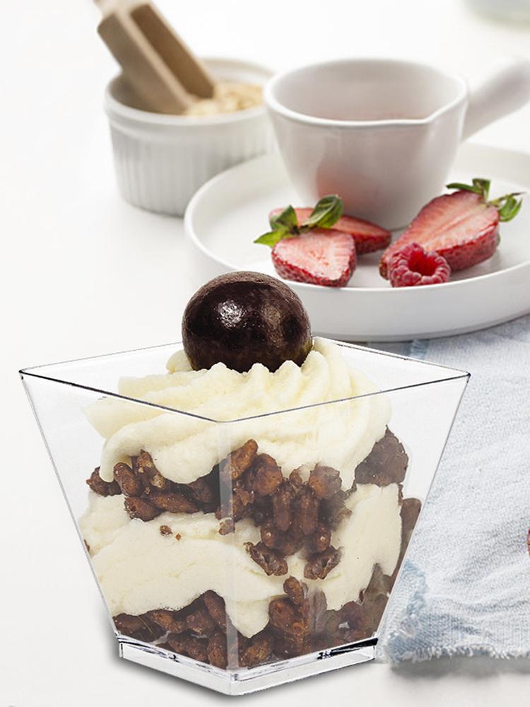 60ml Plastic Dessert Cup with Spoon Set Square Dessert Cup Disposable Supplies Reusable Accessories for Tasting Pudding Yogurt