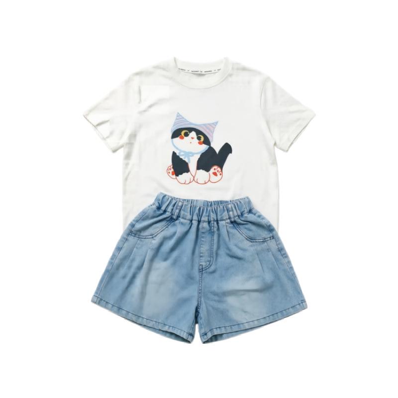 Girls' Cat Cartoon Summer T-shirt & Denim Shorts Two-Piece Set (2026)