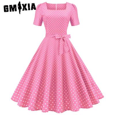 Abito Vintage da Donna Stile Collo Quadrato Manica Corta Stampa a Pois Vita Svasata