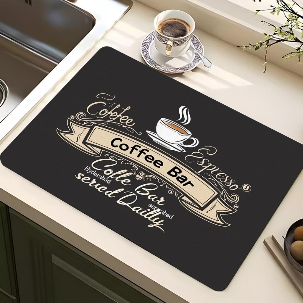 Vintage Espresso Bar Printed Absorbent Drain Mat Super Antiskid Quick Dry Modern Kitchen Counter Coffee Dish Drying Pad
