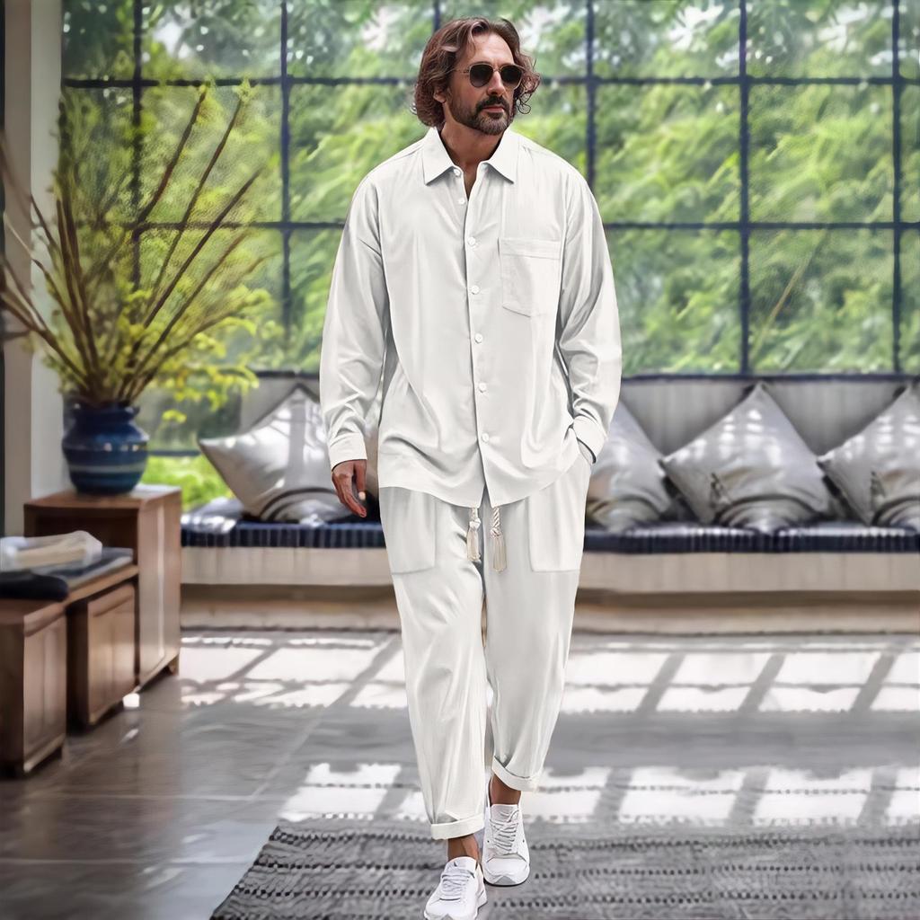 2024 Euro-American Fashion Men's Cotton Linen Shirt & Pants Autumn Sports Casual Set