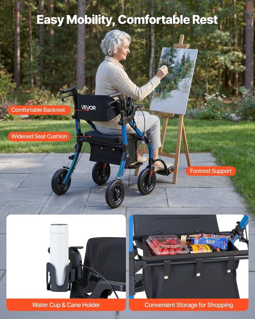 2-in-1 Rollator Walker & Transport Chair for Seniors, Foldable Rolling Walker Wheelchair, Lightweight Aluminum Mobility Walking Aid with Solid PU
