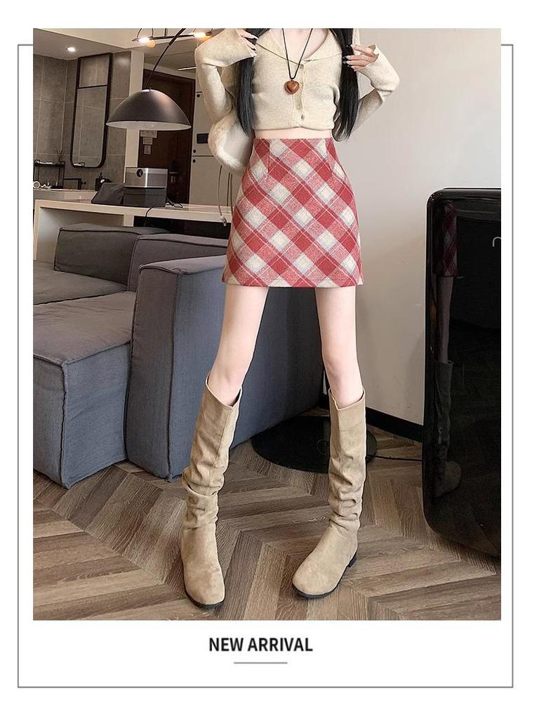 Korean Style Retro Plaid High-Waist Wool A-Line Skirt for Women - 2024 Autumn/Winter Collection
