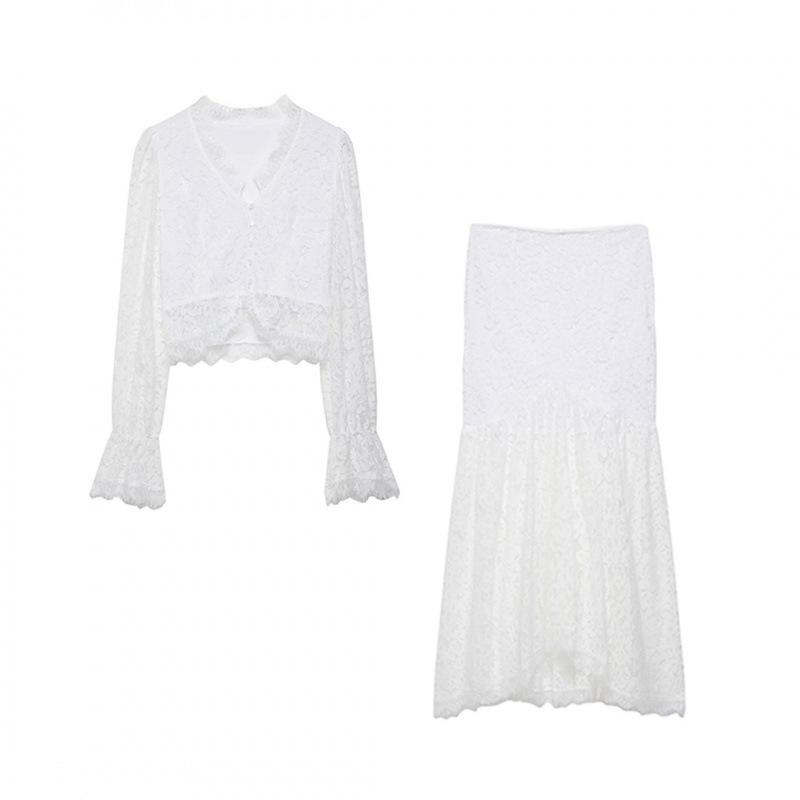 Spring 2026 European & American Style Lace Hollow-Out Top and Skirt Set S