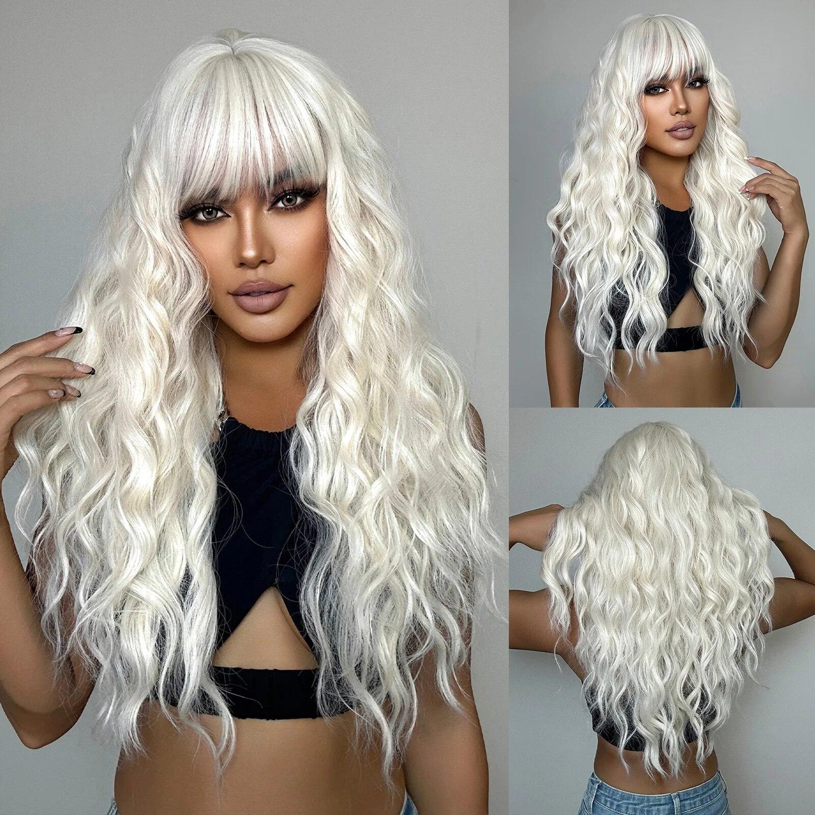 

LOUIS FERRE Длинные волнистые теплые блондинистые платиновые синтетические парики для чернокожих женщин из натуральных волос с челкой, термостойкий бесклеевой парик