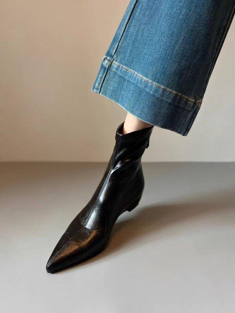 

Soft leather version~ French temperament rear zipper inner height increase pointed short boots women s simple commuting versatile elastic thin boots 35 чёрный