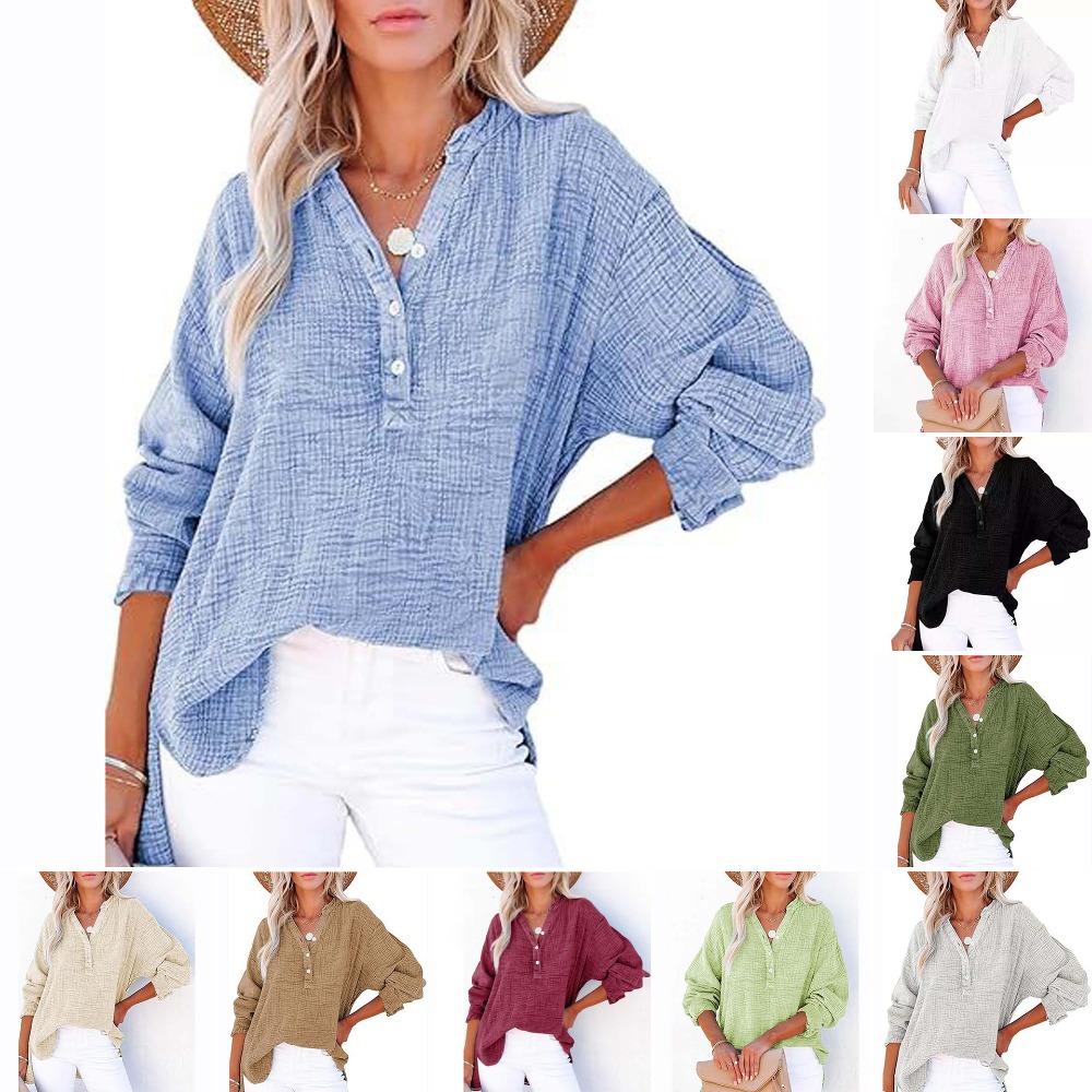 Women's V-Neck Long Sleeve Solid Color Casual Fashion Henley Blouse Shirt Top