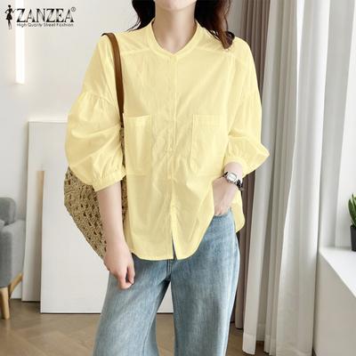 Women Casual Round Neck Loose 3/4 Sleeve Blouse
