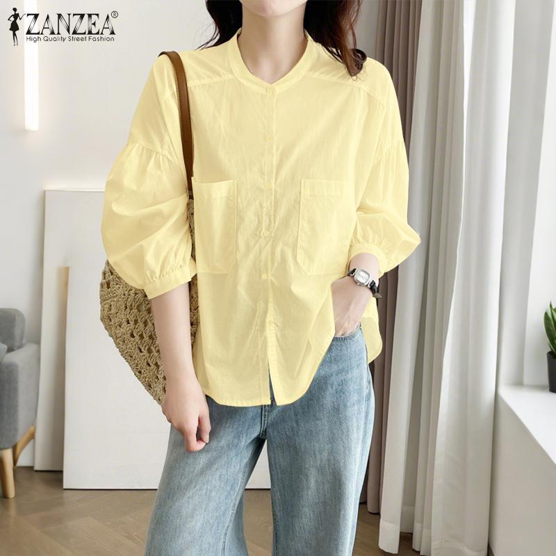 ZANZEA Women Casual Round Neck Loose 3/4 Sleeve Blouse