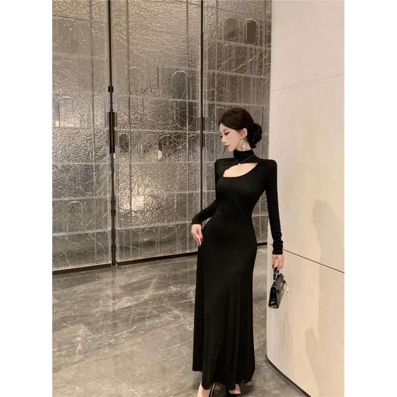 Women's Black Sexy Hollow Long Sleeve Dress with High Collar and Slim Fit