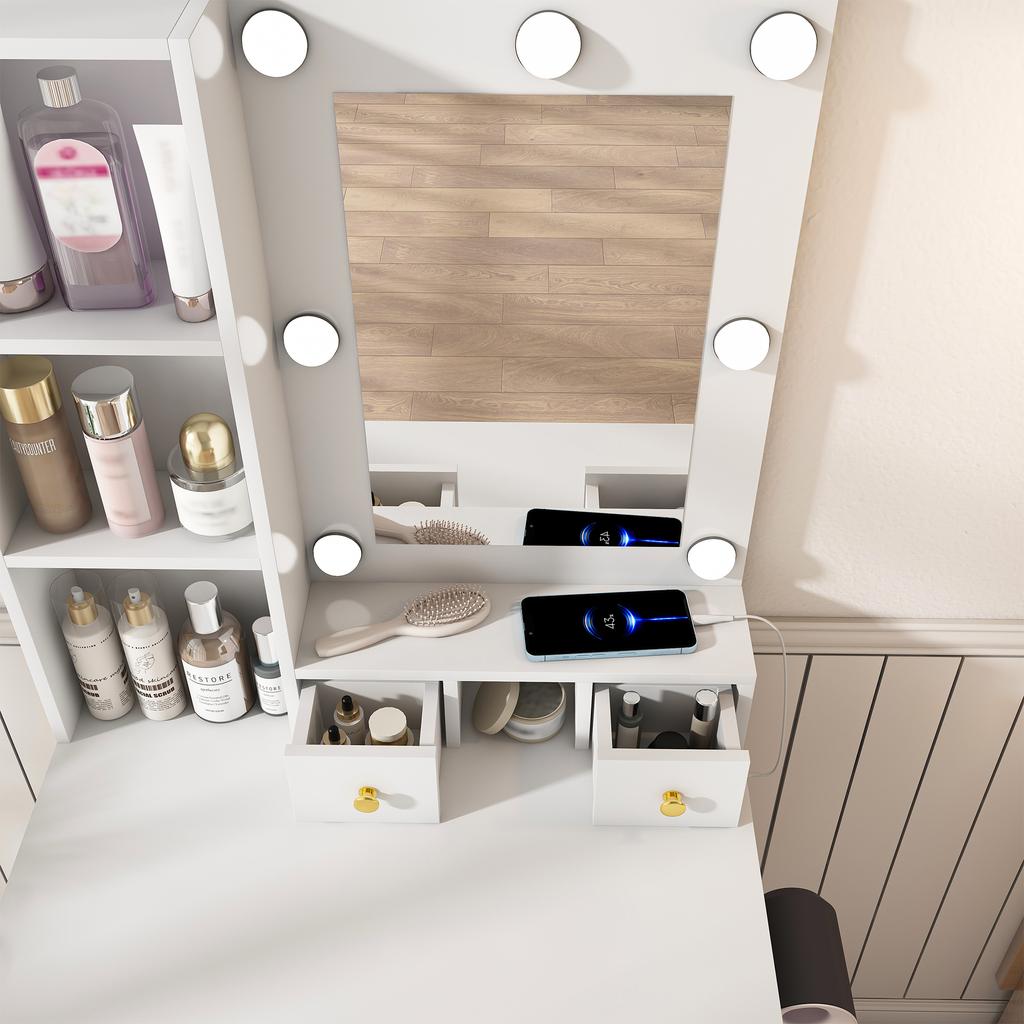Small Vanity Table Set with Mirror and Adjustable LED Lighting, Socket, Hair Dryer Holder & Padded Stool - Drawers and Shelf, White, W60/H131.5/D38cm
